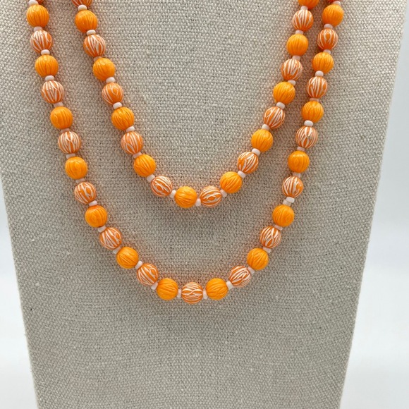 Vintage Orange Necklace with White‎ Accent Beads, Long Layering Necklace - Picture 2 of 5